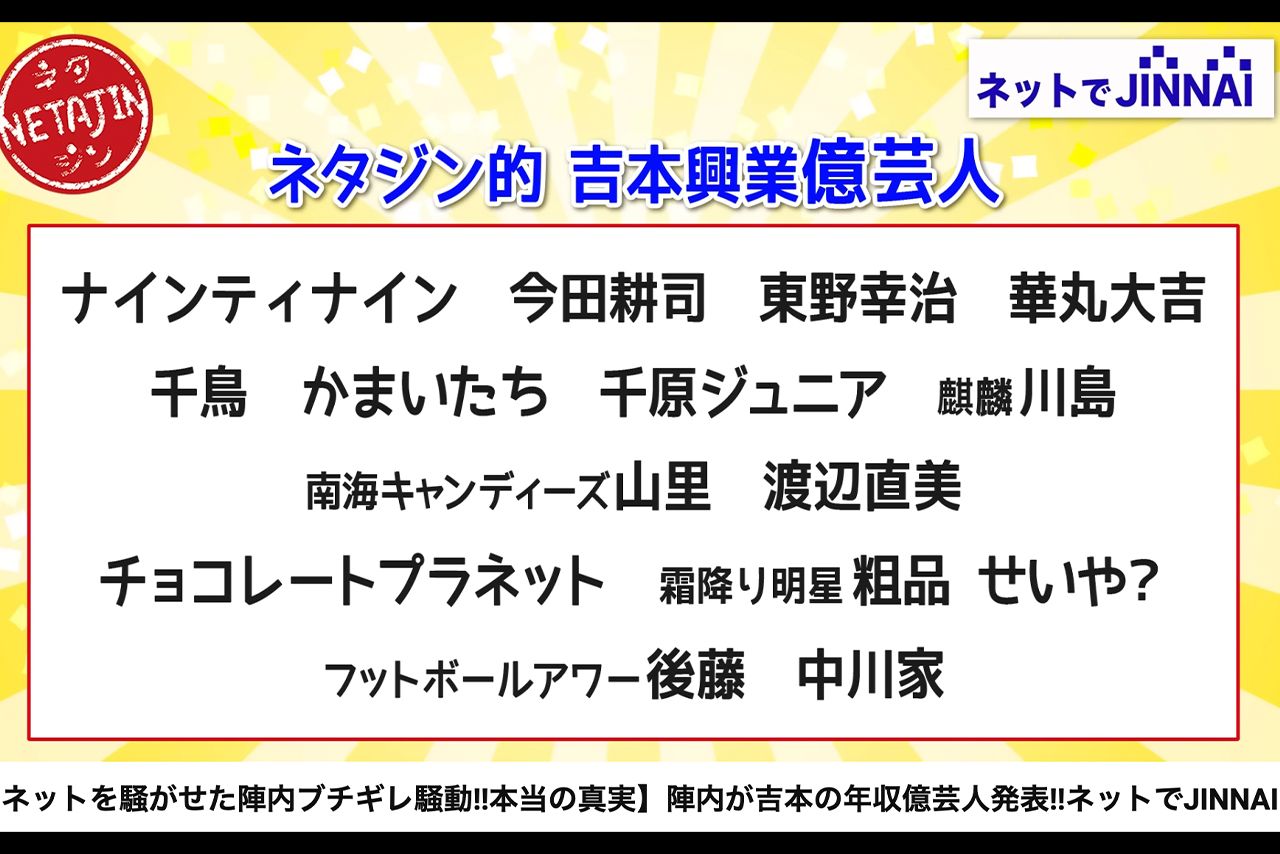 陣内智則がYouTubeで発表した吉本芸人”億越えスター”一覧（博多大吉は博多華丸・大吉の誤表記）