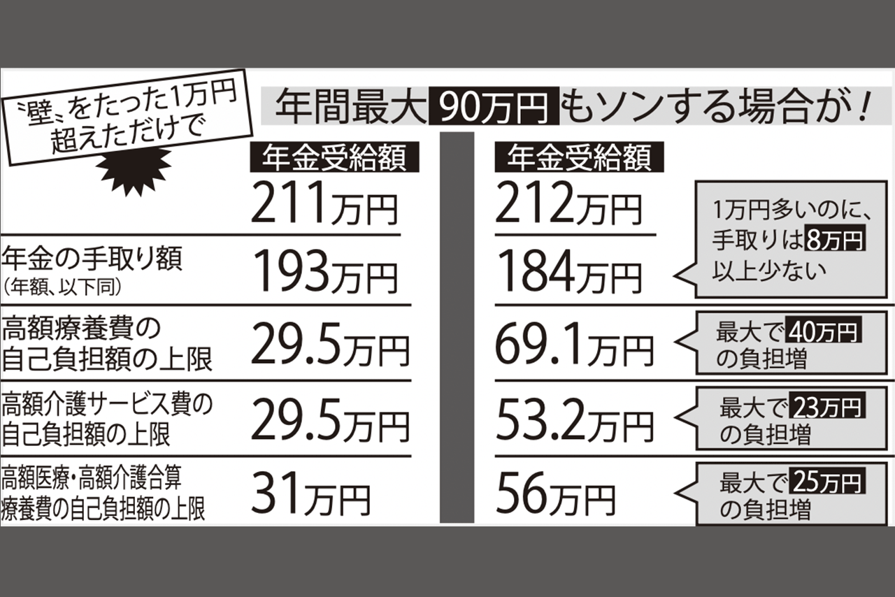 ※上記は横浜市で、夫婦ともに70歳～74歳、前年所得は公的年金のみで妻の年金が80万円超120万円以下の場合。※「年金の手取り額」は、配偶者の介護保険料も控除した額。