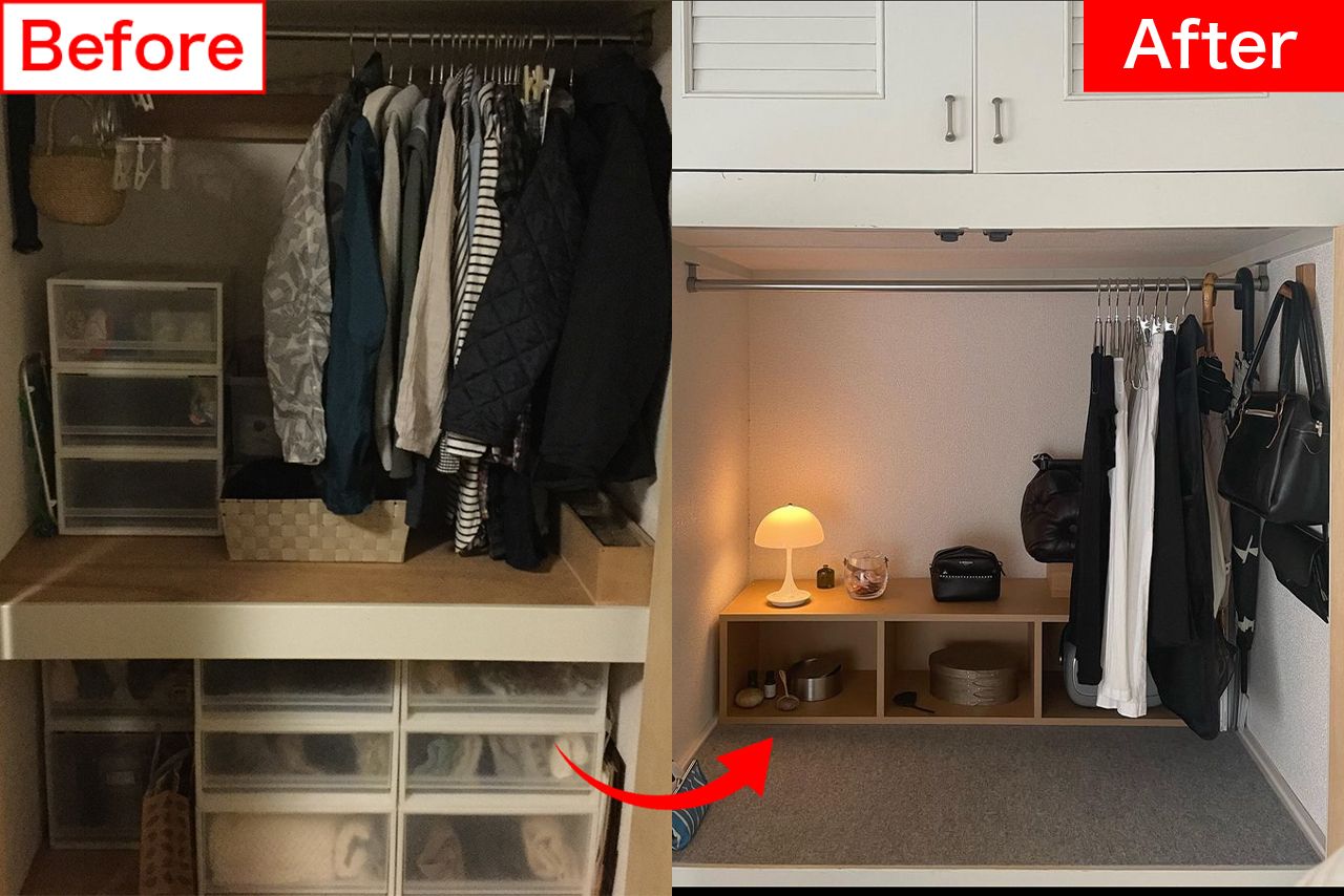 衣類を必要最低限に絞ってスペースを有効活用。季節兼用の服が多く、季節ごとの服の入れ替えもさほどない