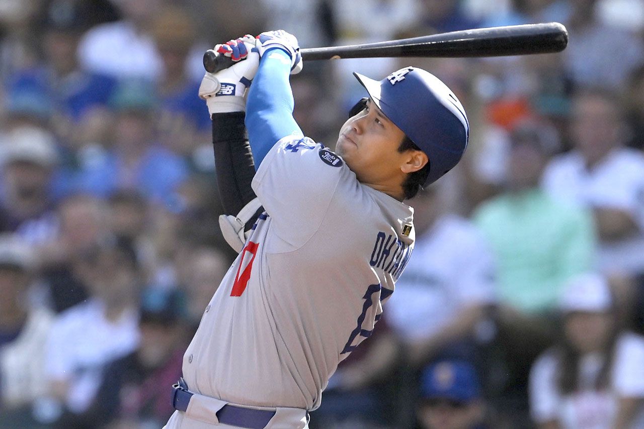 2025年9月29日に自己最多となる今シーズン55号のホームランを放った大谷翔平／共同通信