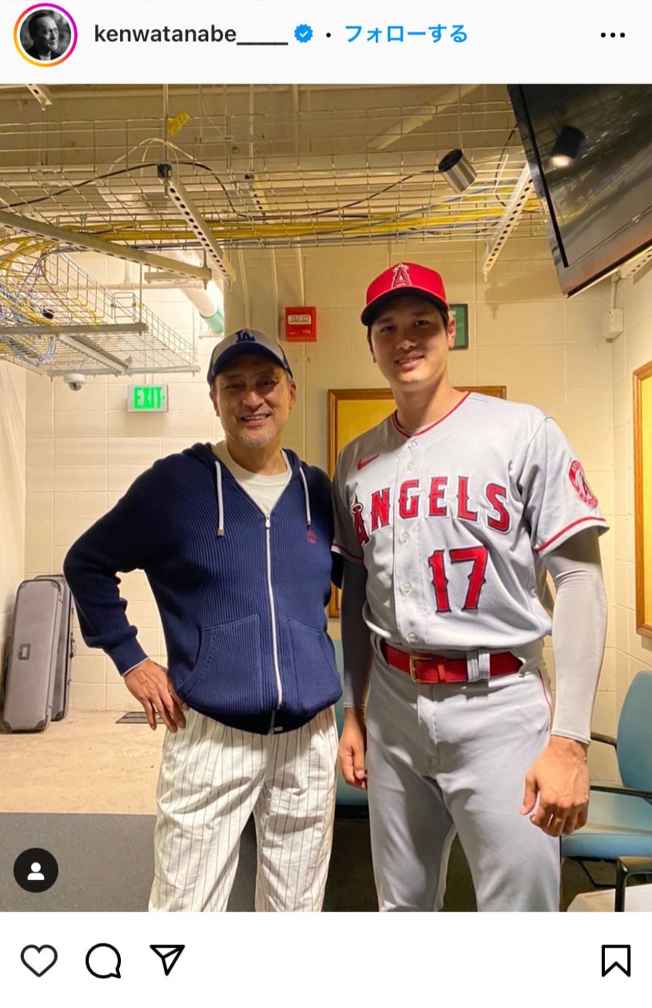 2022年、始球式をした渡辺謙と初対面。世界で活躍する2人（渡辺謙インスタグラムより）