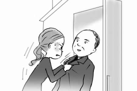 祖母宅に着くと父が「よく来たね」と玄関を開け、その父の胸ぐらをつかんだナナコさん（イラスト／小林裕美子）