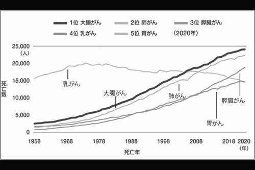 女性が注意すべきがんというと、乳がんや子宮がんを思い浮かべる人が多い。しかし、人口動態調査によれば、2020年の女性のがん死亡原因の1位は大腸がん。男女合わせても近年日本人に急増しているがんのひとつ（出典：国立がん研究センターがん対策情報センター）
