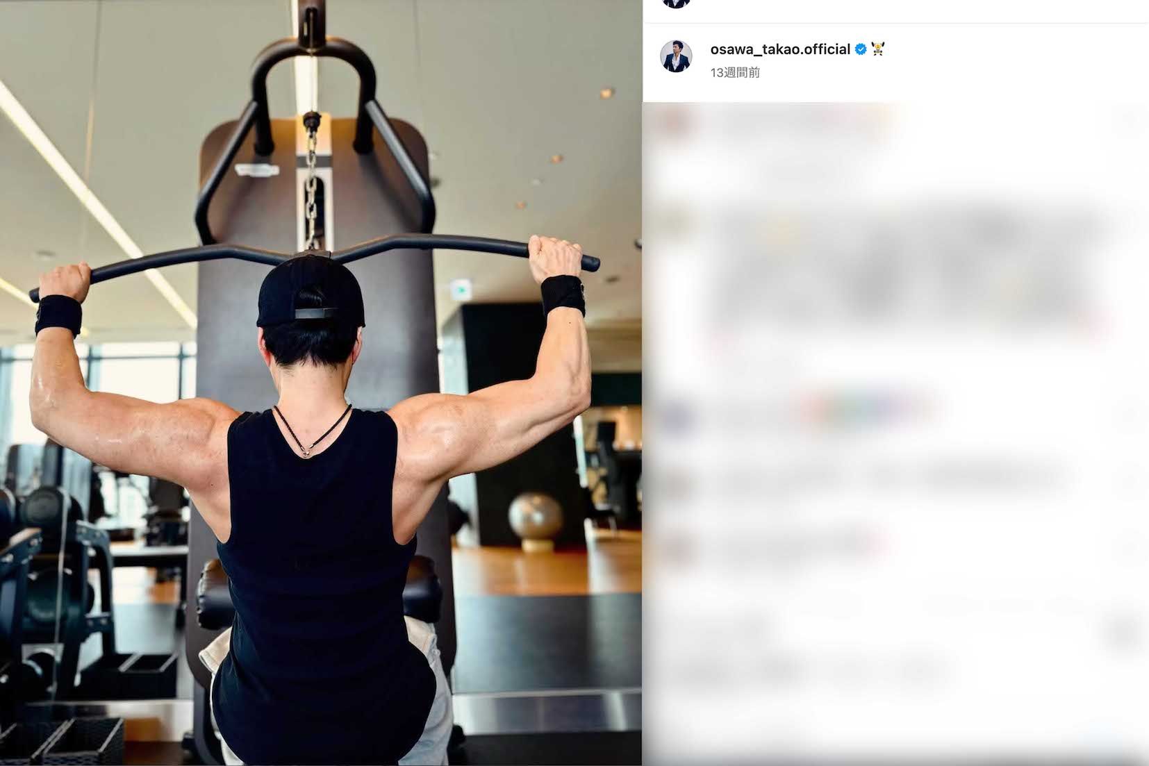 ジムでトレーニングをする姿など、鍛え抜かれた身体をたびたび投稿している大沢たかお（本人のインスタグラムより）