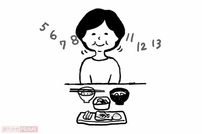 早食い厳禁！ひと口30回噛んで食べる（イラスト／やまだやすこ）