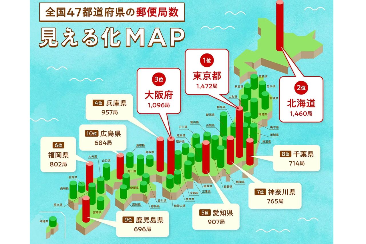 全国の郵便局の数を「見える化」したマップ（JPCAST公式サイトより）