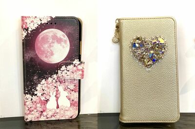 開運スマホケースのオススメ柄【うさぎ・桜】（左）、【ハート】（右）