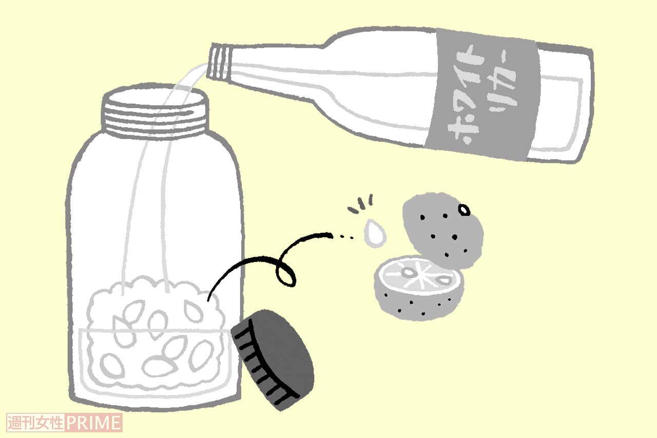 【自家製ゆず化粧水の作り方】（1）ゆずの種をホワイトリカーに浸す　イラスト／ふるやますみ