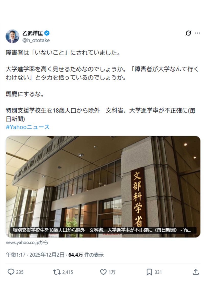 憤りを示した乙武洋匡氏（本人Xより）