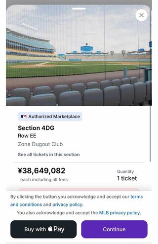 大谷翔平が登板するワールドシリーズのチケット。マウンドの近くであるバックネット裏の席は1席3000万円を超える出品も（販売サイトより）