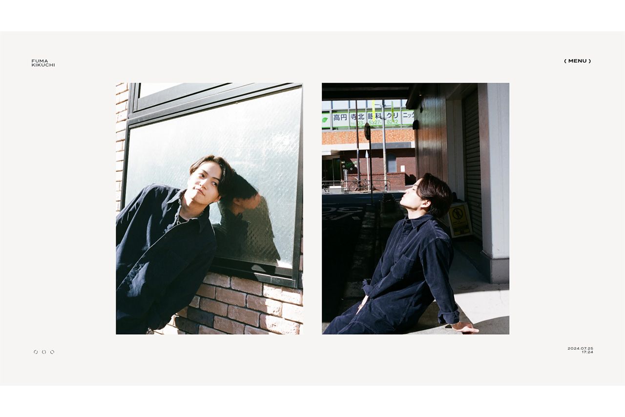 昼間のデザインの菊池風磨のFCサイト。表示される複数の写真は、高円寺で撮影されている
