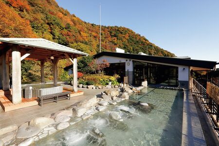 「天成園」の自慢は全長17mの天空大露天風呂。箱根の大自然との一体感が味わえる