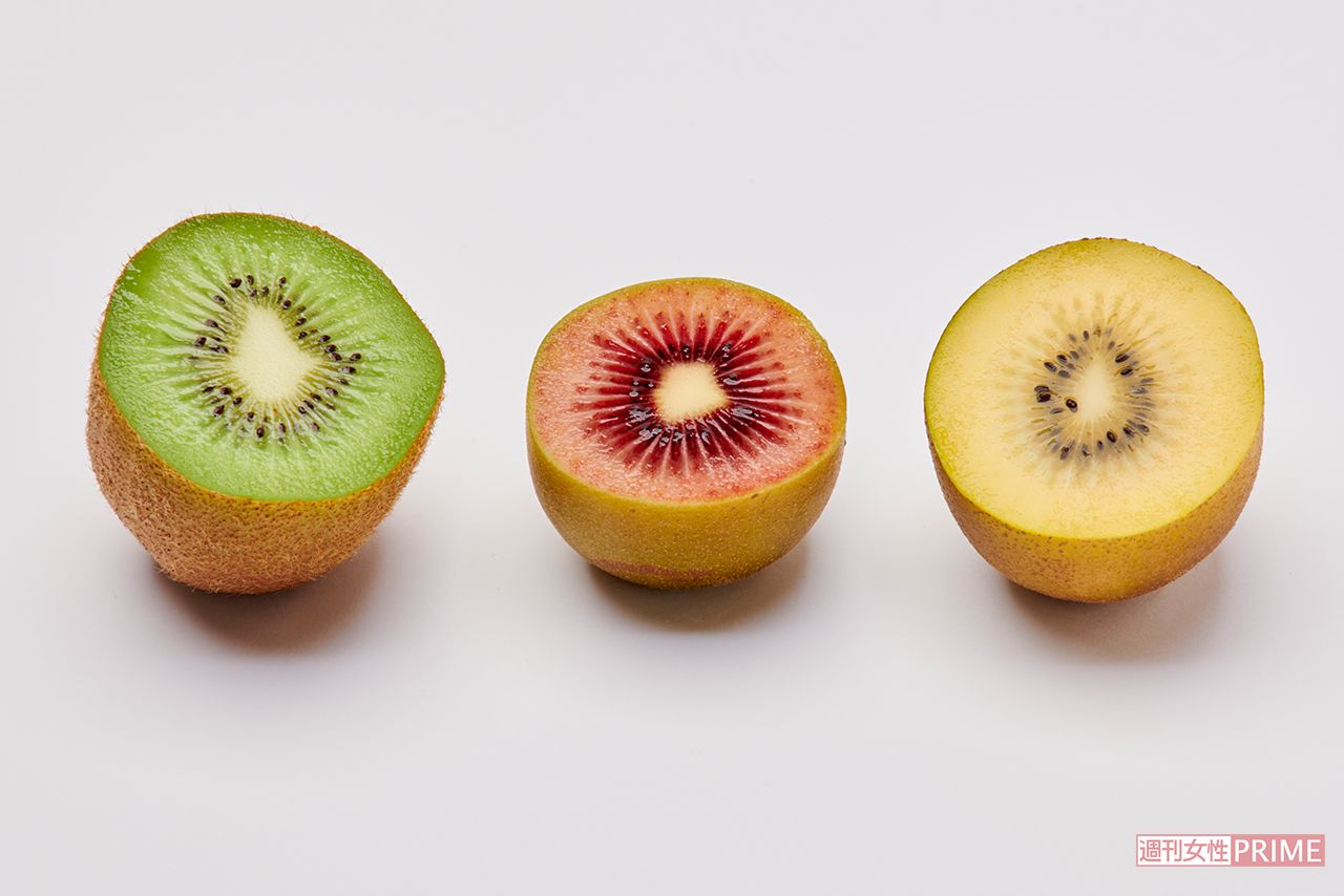ゼスプリのキウイ。左からグリーン、ルビーレッド、サンゴールド