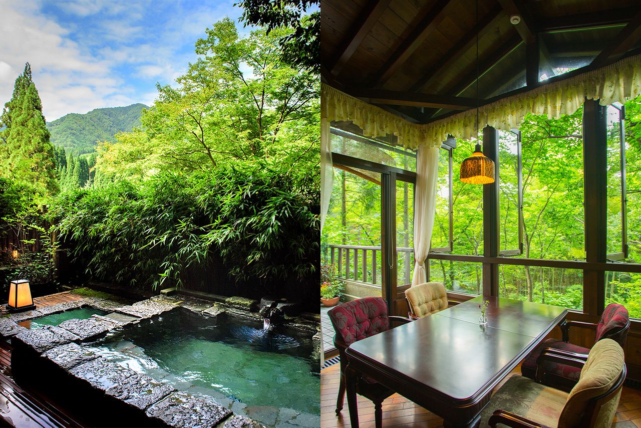 3つある貸し切り風呂は、すべて源泉かけ流しで内風呂と露天風呂あり。写真は「無想の湯」と茶房「櫓」。蕎麦や長野の郷土料理などの食事をいただける