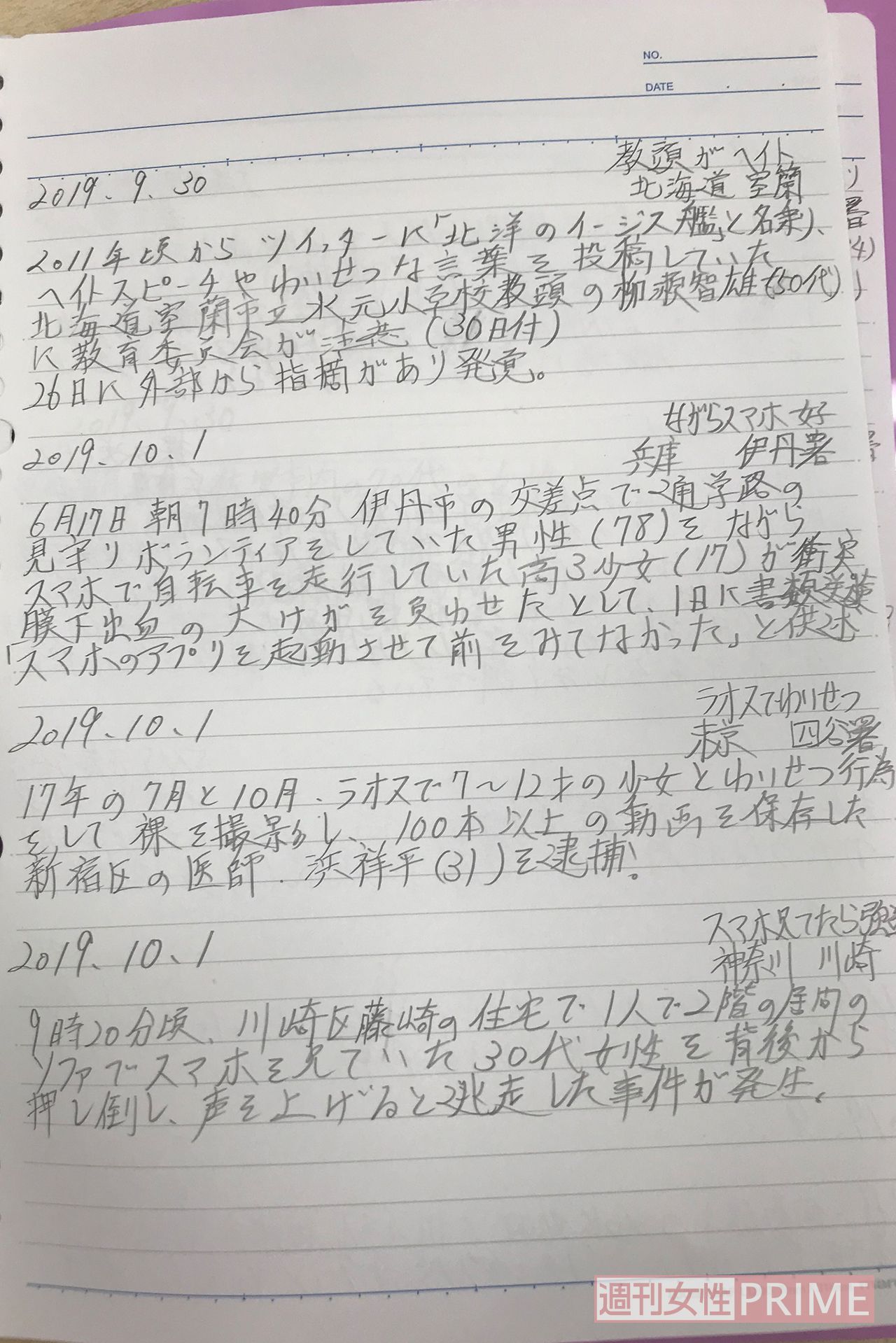 「ながらスマホ」や「わいせつ」事件について記されている