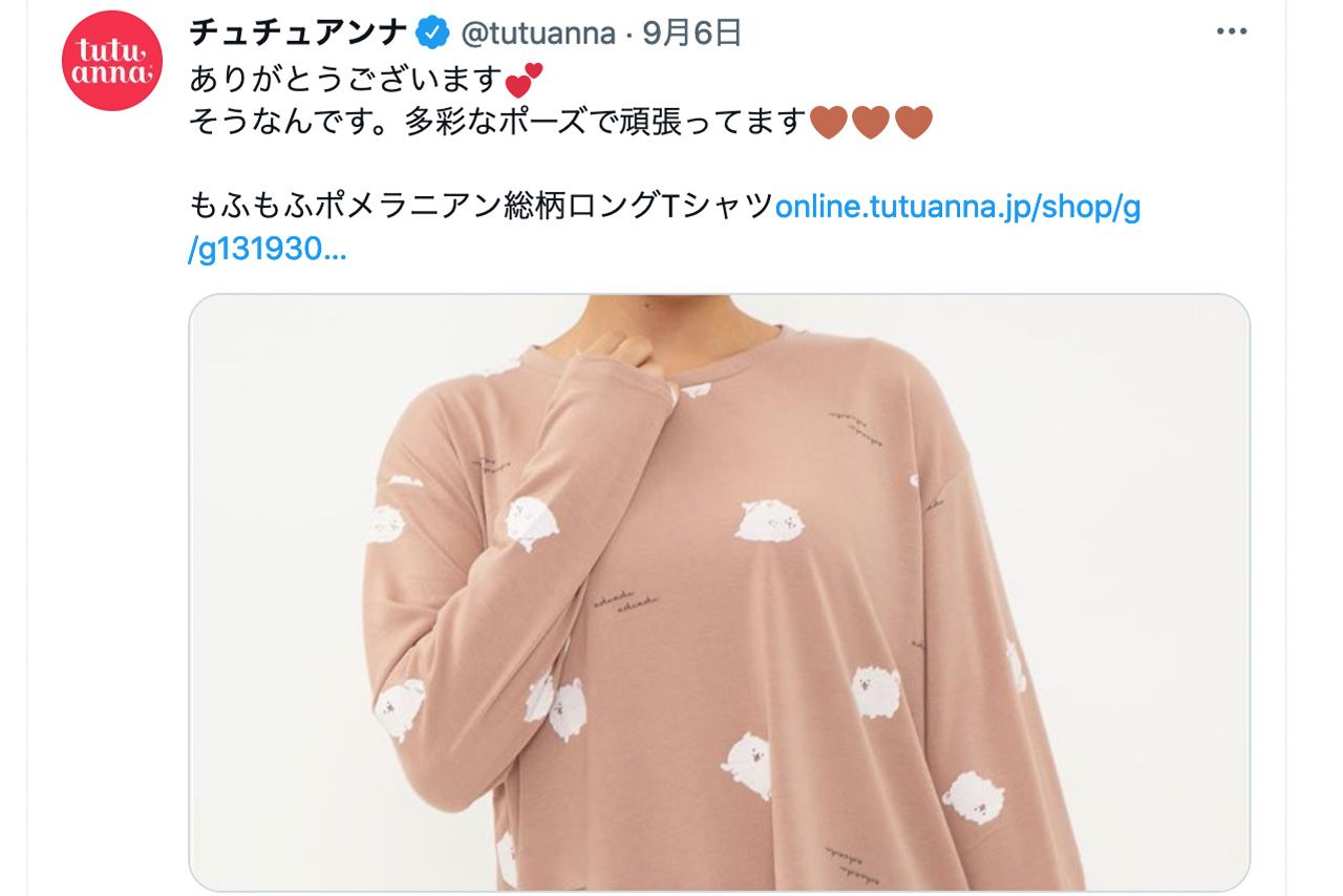 盗用疑惑がかけられた“ポメラニアン柄”のロングTシャツ（『チュチュアンナ』公式SNSより）
