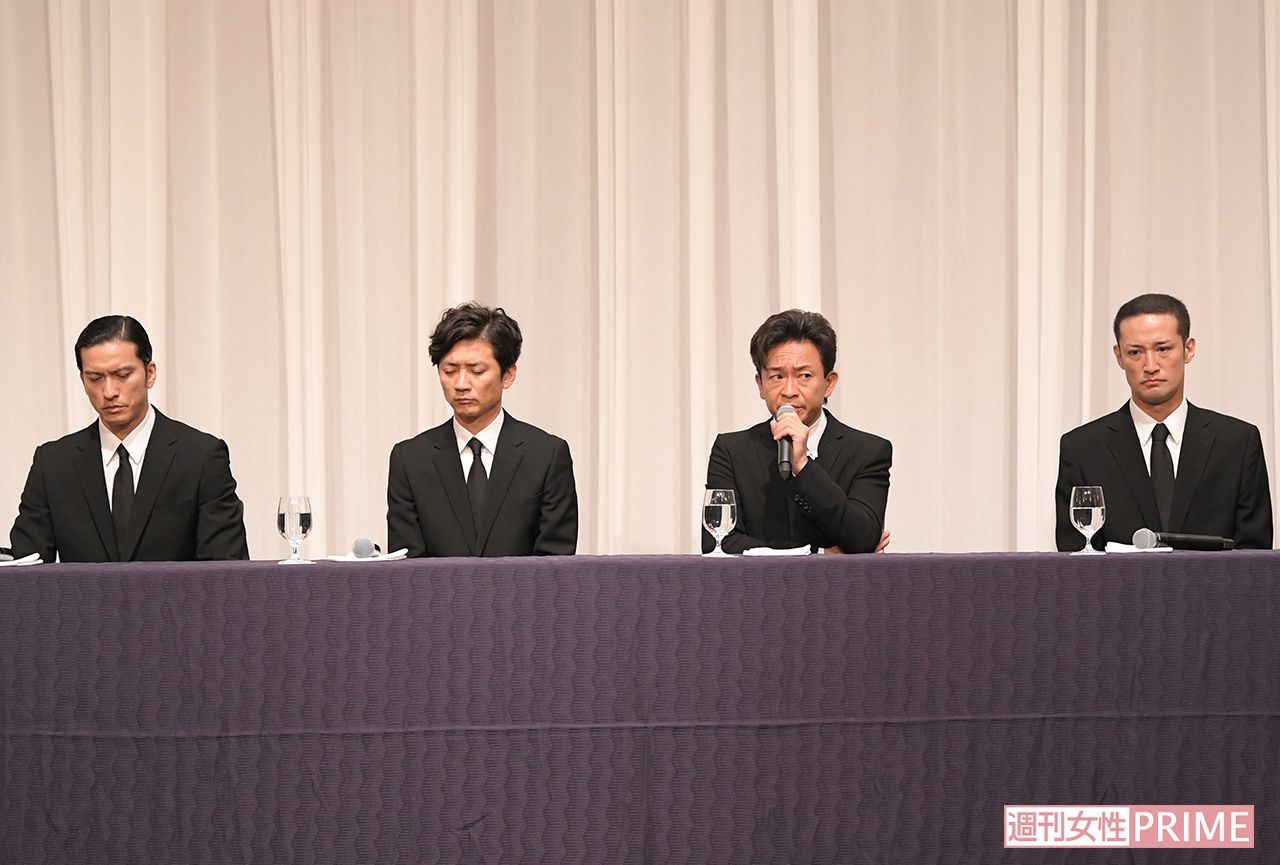 山口を除くTOKIOのメンバーが出席した謝罪会見（'18年5月2日）