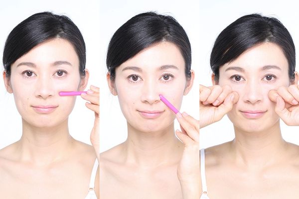 左から（1）頬のリガメントを小刻みにほぐす（2）小鼻のキワを斜めにほぐす（3）頬のリガメント全体を優しくほぐす