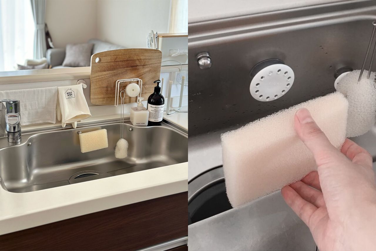 ふきんやゴム手袋、まな板、スポンジを浮かせて収納