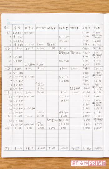 月の家計簿記入例