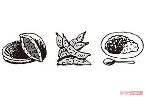 どら焼き・枝豆・豆カレー　イラスト／小島サエキチ