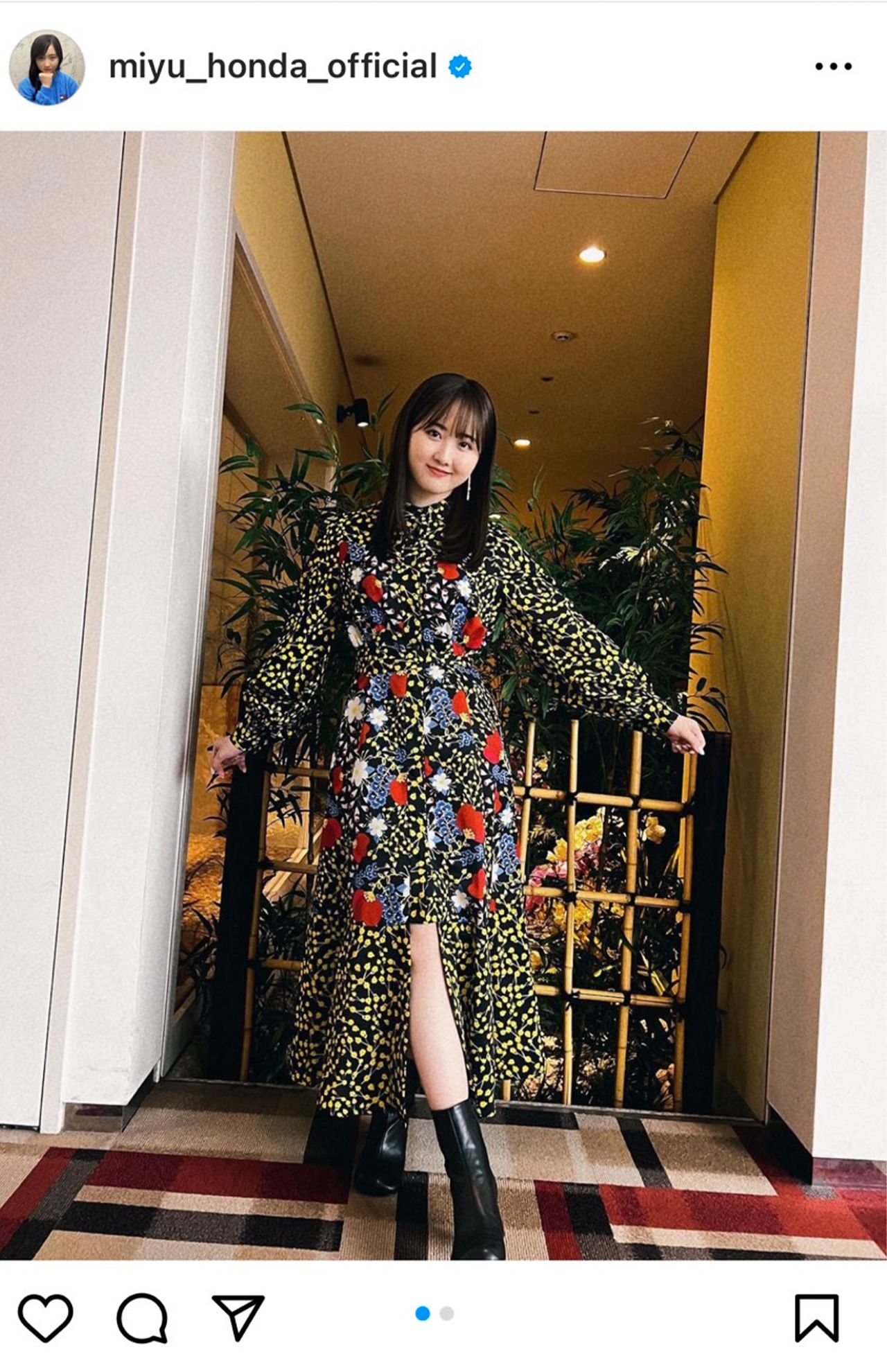 3月3日に本田望結が投稿した花柄ワンピース姿、コメントの多くは男性ファンから（公式インスタグラムより）