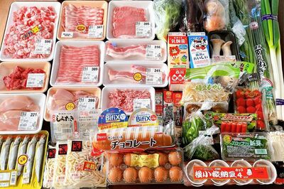 土曜日、2軒の店舗を回って2週間分の食材をまとめ買いしたもの。これで7037円！
