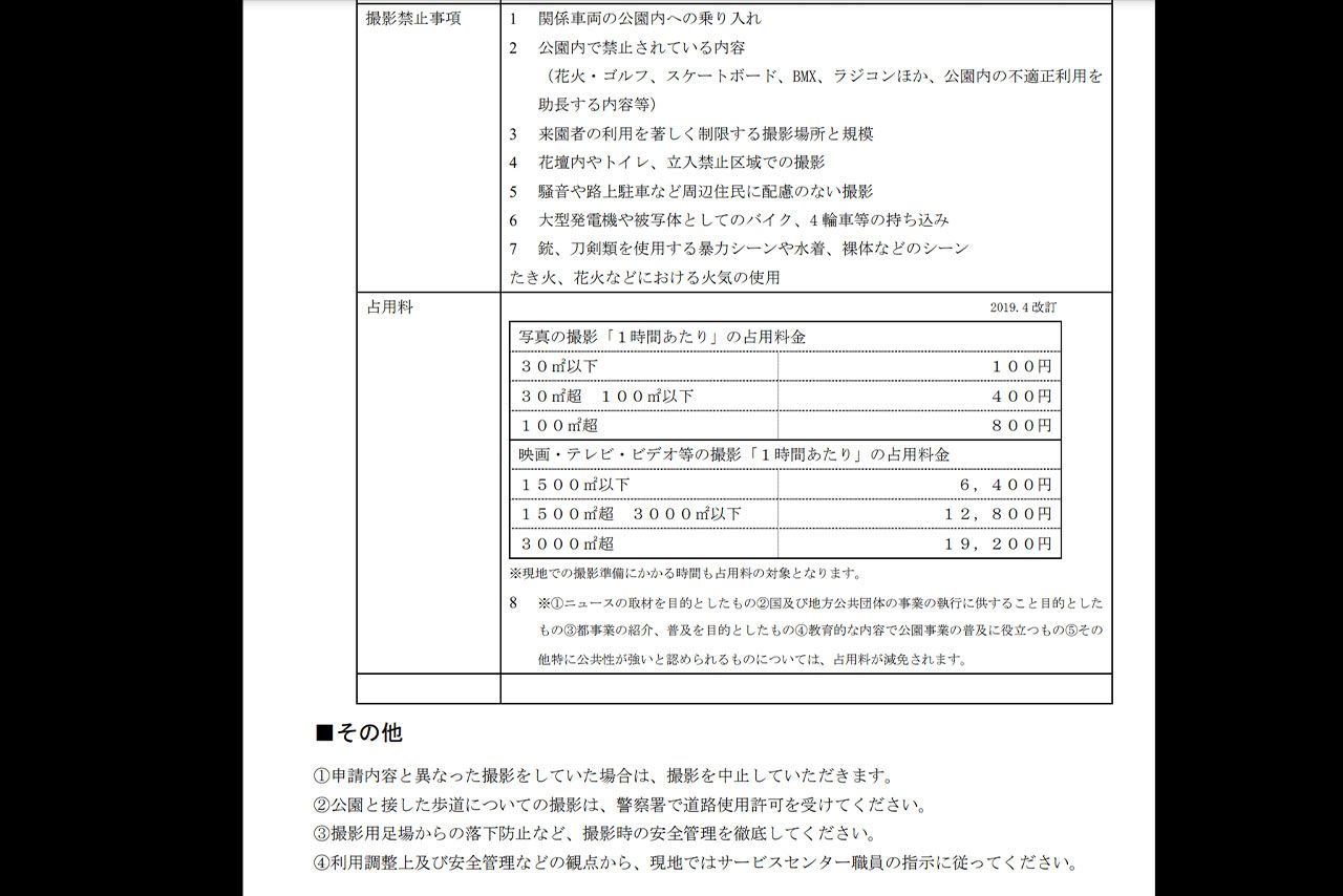 都立公園の撮影申請書に書かれた注意書き