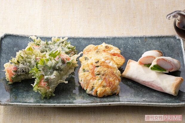 （左から）『カニカマしそまき天ぷら』『カニカマと豆腐の落とし焼』『カニカマと絹さやのスティック春巻』