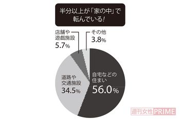 転倒事故の発生場所を調べたところ、最多は自宅などの住まいで56.0％。転倒事故の半分以上が家の中で起こっていることがわかる。（出典　東京消防庁HPより）