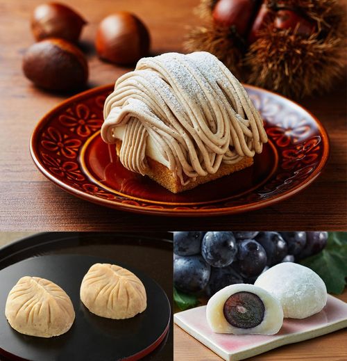 上／風味豊かな栗の味わいがたまらない『スペイン栗のモンブラン』273円。左下／シンプルに仕立てた『栗と砂糖で仕上げた栗きんとん』　227円。右下／長野産の高級ぶどうがまるごと1粒入った『ナガノパープルの大福（白あん）』153円（すべてローソン）