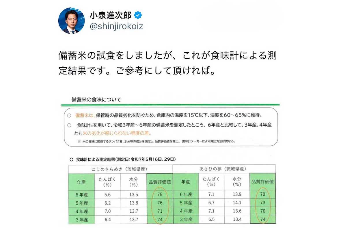 備蓄米を試食した小泉農林水産大臣（本人のXより）