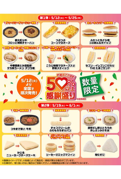 セブンイレブン増量キャンペーンの対象商品（公式Xより）