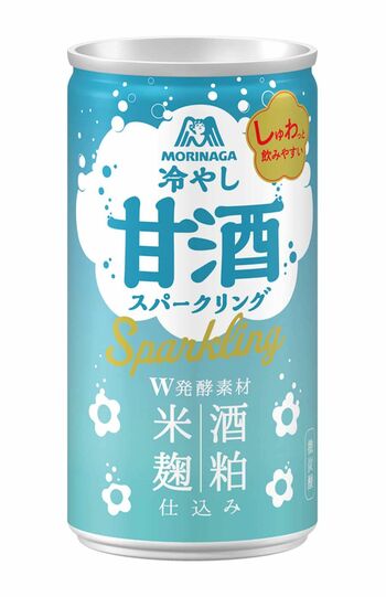 『冷やし甘酒スパークリング』古より夏バテ対策に飲まれてきた甘酒が、微炭酸入りで夏季限定で発売。「疲れて甘さがほしいときに微炭酸でスッキリ」と吉岡さんもイチ押し。6本・888円／森永製菓