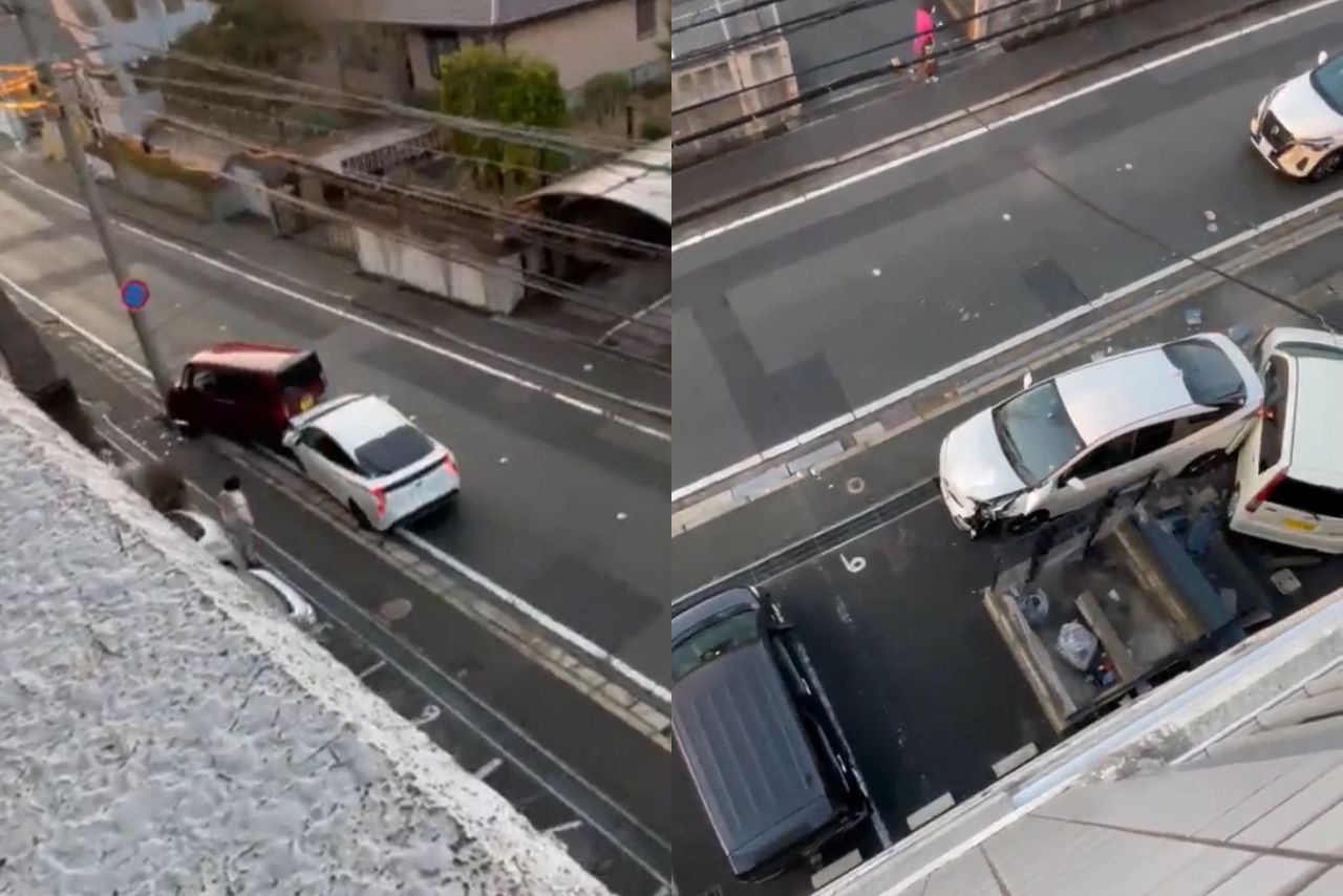 高齢者が運転する車が前進とバックを繰り返して衝突事故を起こした（SNSより）