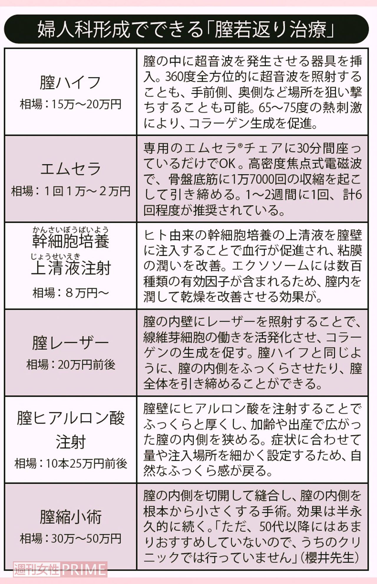 婦人科形成でできる「膣若返り治療」一覧