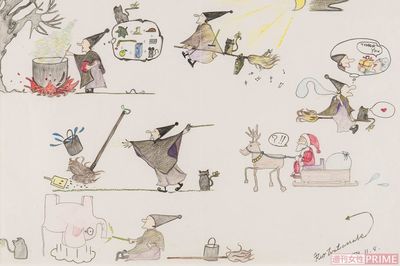 娘のリオさんが12歳で描いた「魔女」の絵。ほうきの上には黒猫の姿も