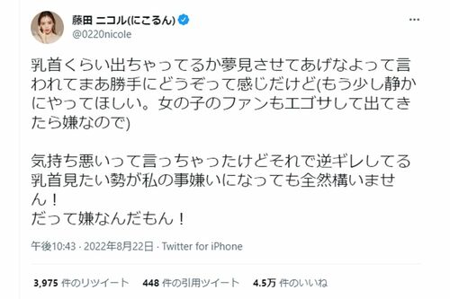 「乳首出てる」とのネット上の指摘に反論、苦言を呈する藤田ニコル（公式ツイッターより）