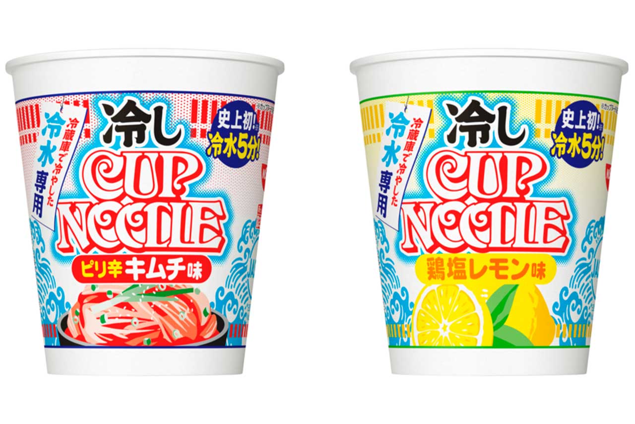 新発売の“冷水5分”で楽しめる「冷しカップヌードル」。ひんやりおいしい、ピリ辛キムチ味（左）と鶏塩レモン味（右）の2種／写真提供：日清食品（即席ラーメン）