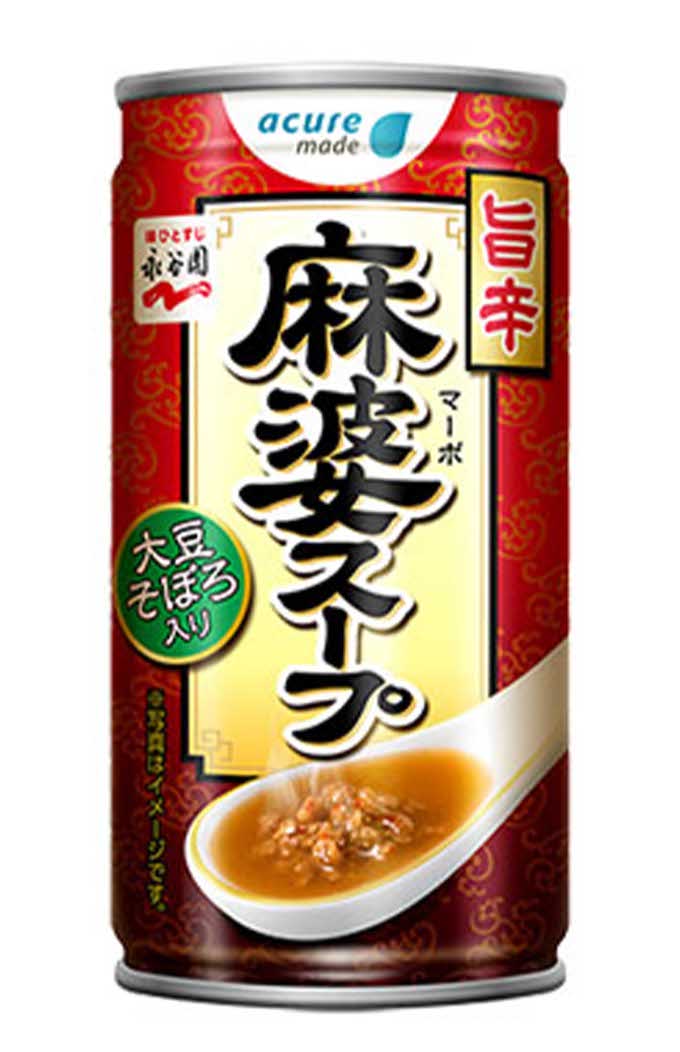 JR東日本のエキナカ自販機・アキュアのオリジナル商品『旨辛麻婆スープ大豆そぼろ入り』（公式サイトより）