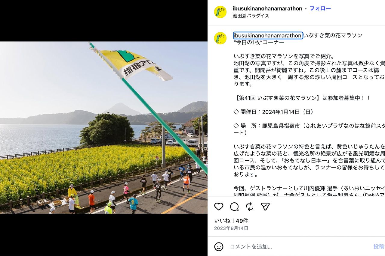 満開の菜の花の中を走る『いぶすき菜の花マラソン』公式Instagramより）