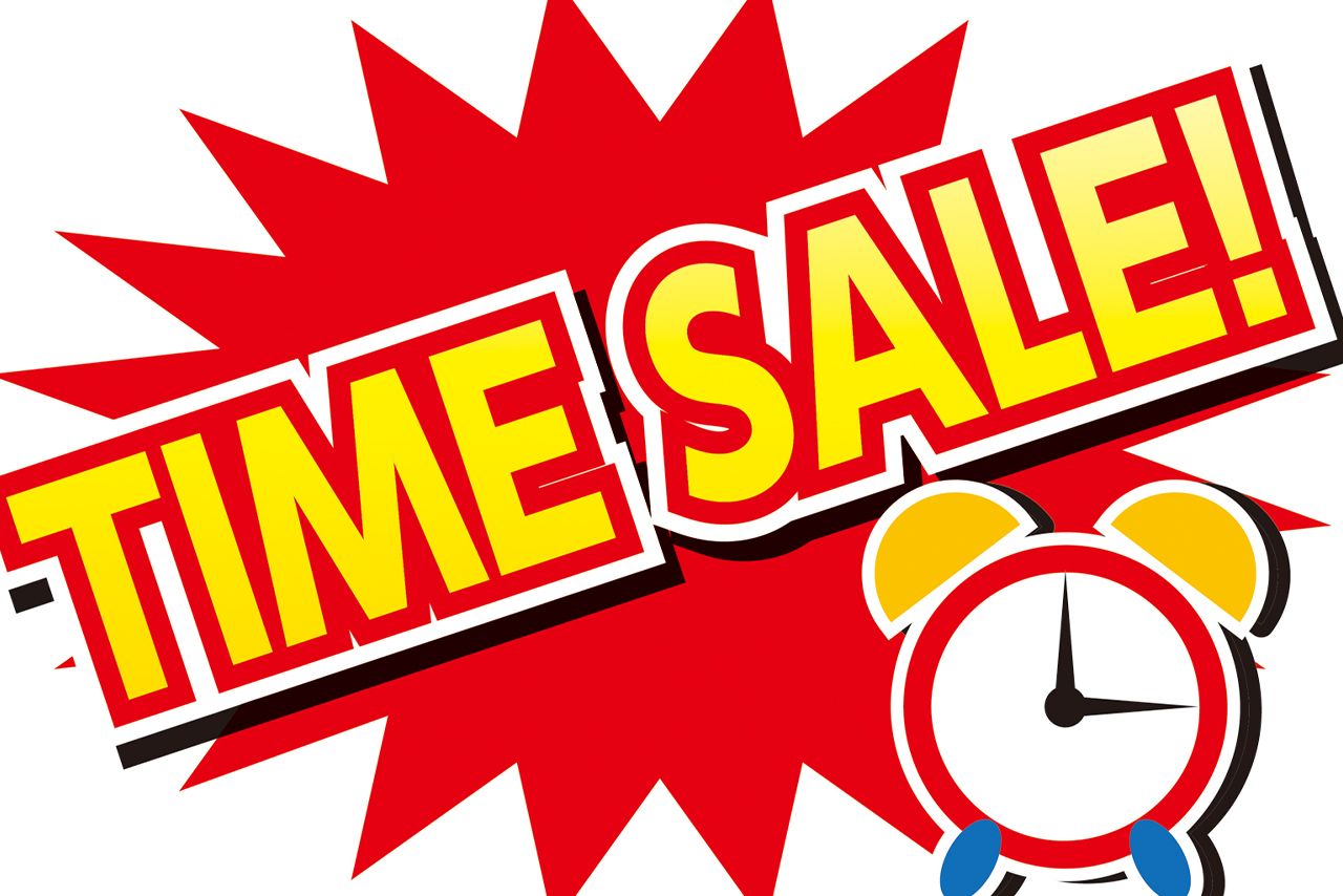 タイムセール　英語では……【onsaleforalimitedtime,specialoffer】　アメリカでは感謝祭とブラックフライデーのときに、時間を区切ったセールを行う。