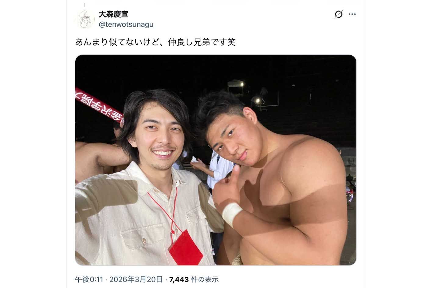 端正なルックスと筋骨隆々とした身体で「令和のウルフ」と話題の新力士・大森（画家として活動する兄・大森慶宣さんのXより）