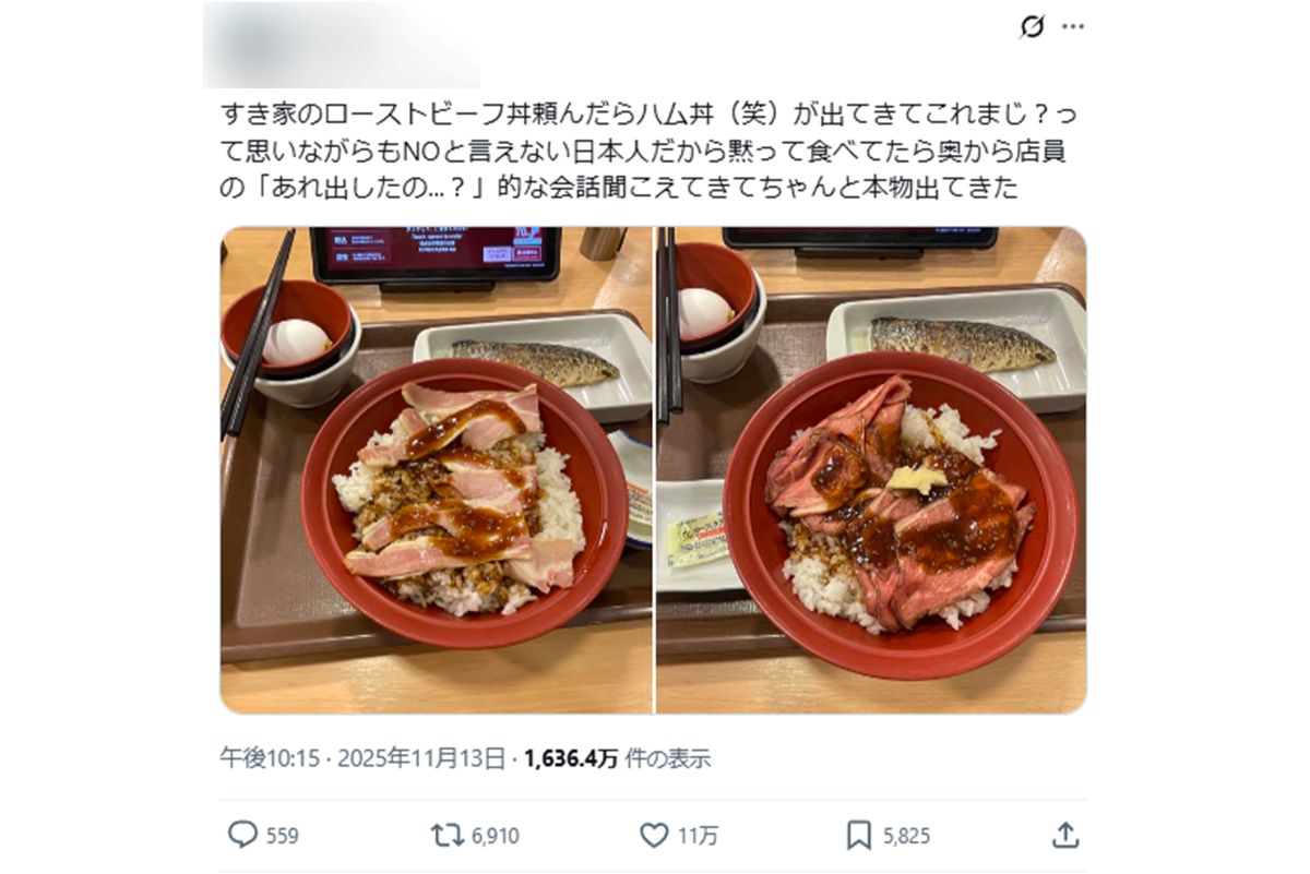 見た目が違いすぎると指摘された『すき家』のローストビーフ丼（拡散された投稿より）