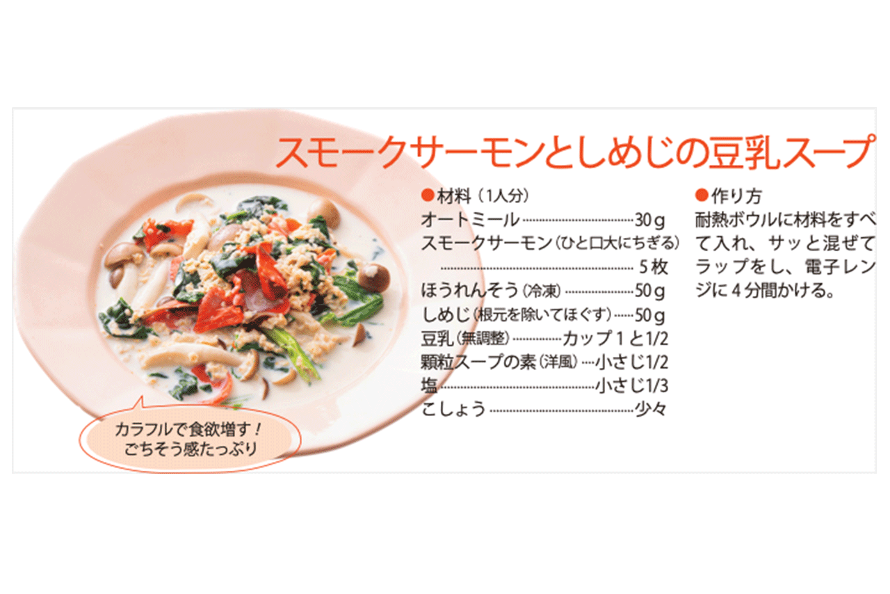 【クイックスープ】スモークサーモンとしめじの豆乳スープ（調理／牛尾理恵・撮影／廣瀬靖士）