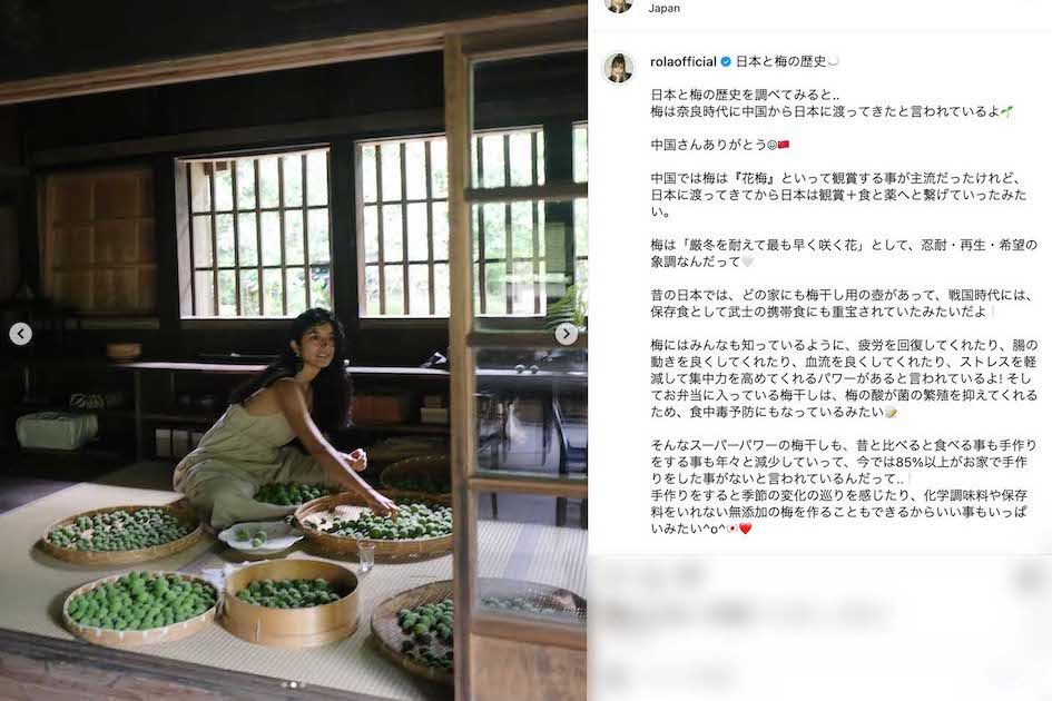 真剣な表情で梅干しづくりの作業をしているローラ。《中国さんありがとう》と梅の歴史についても綴っている（本人のインスタグラムより）