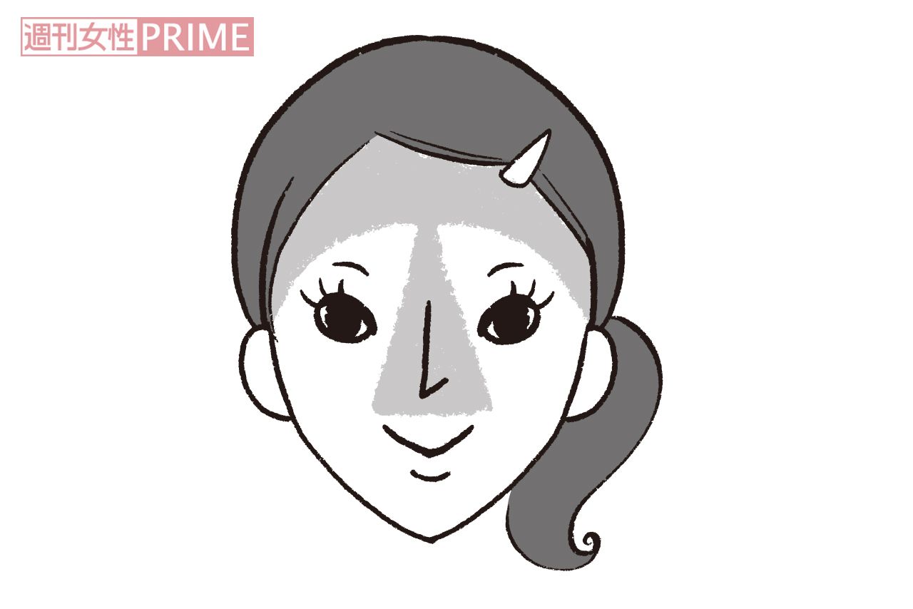 スッキリテク1　汗でメイクが崩れやすい額と鼻周辺の“三角ゾーン”。朝のメイクも日中のお直しも、この部分を意識する。　イラスト／スヤマミヅホ