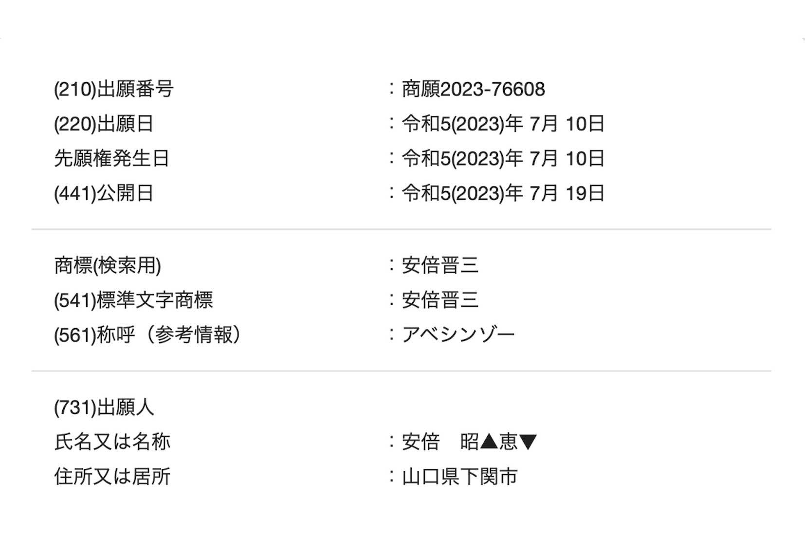 安倍昭恵氏による『安倍晋三』の出願情報（特許情報プラットフォームより）