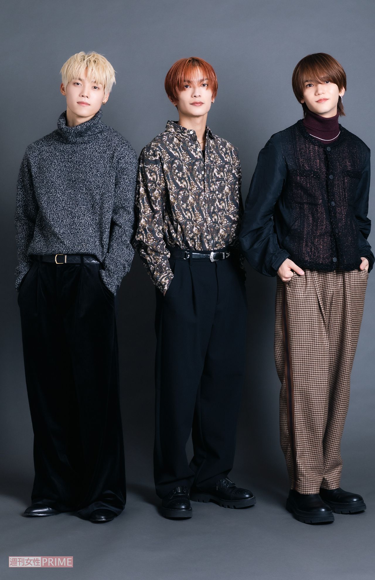 写真左から木村柾哉（INI）、高橋恭平（なにわ男子）、中島颯太（FANTASTICS）　撮影／矢島泰輔　スタイリスト／三島和也（Tatanca/高橋）、岡本健太郎（木村）、中瀬拓外（中島）ヘアメイク／花井菜緒（JOUER/高橋）、武井さやか（MASTERLIGHTS/木村）、島田聖香（Luana/中島）