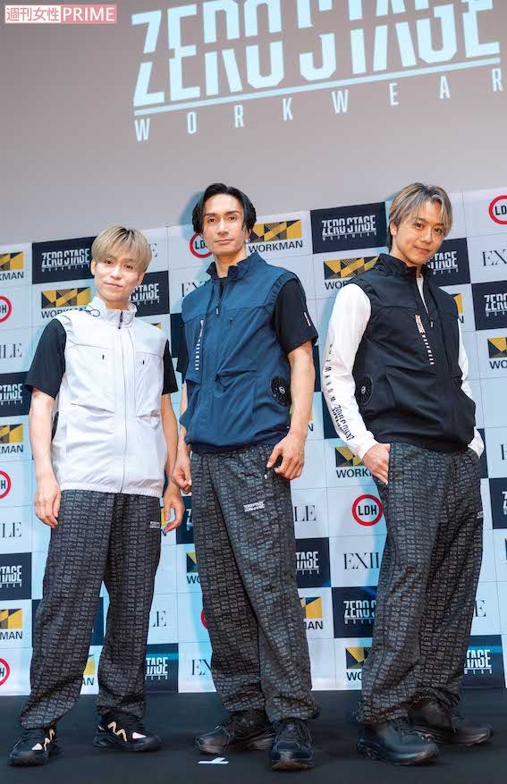 ワークマンと作業服ブランド「ZERO-STAGE（ゼロステージ）」をコラボレーション展開するEXILEの左からTETSUYA、橘ケンチ、TAKAHIRO